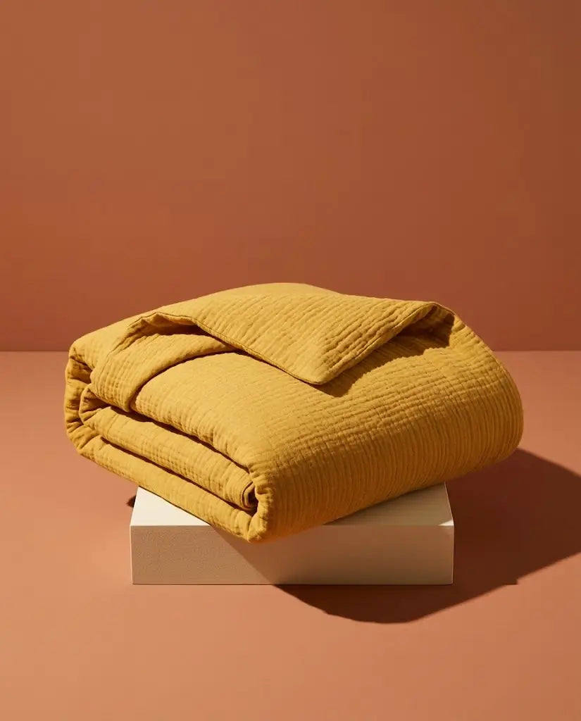 Housse de couette gaze de coton Moutarde - Housse pliée sur socle