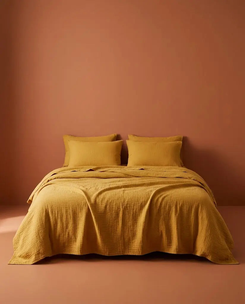 Housse de couette gaze de coton Moutarde - Lit de face